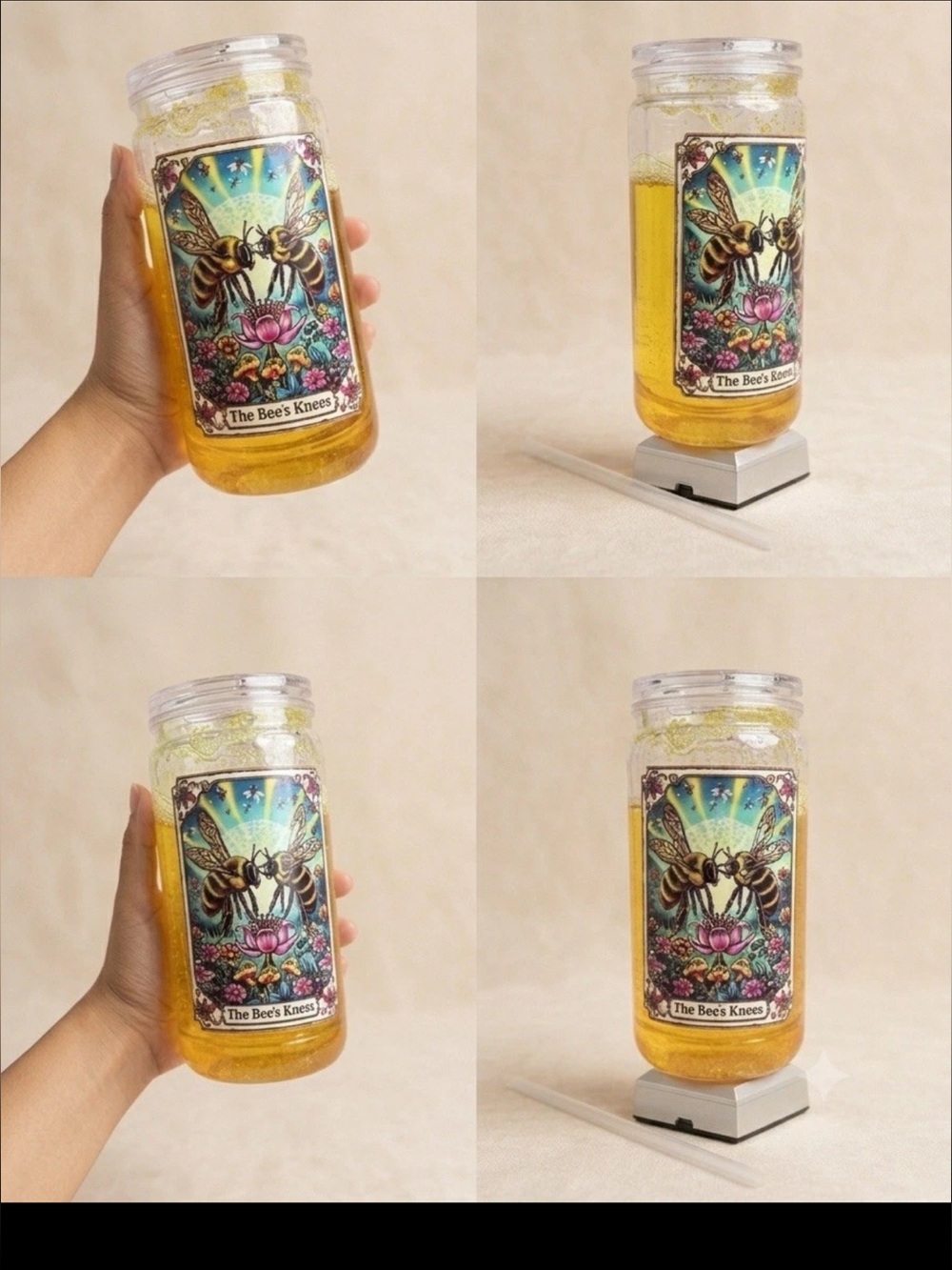 Cute 16-ounce tumbler with a bee 🐝 and honey 🍯 design.